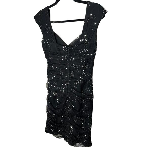 Y2K Modern Alex Evenings Black Tulle Silver Sequin Ruched Party Dress Glam - Picture 5 of 7